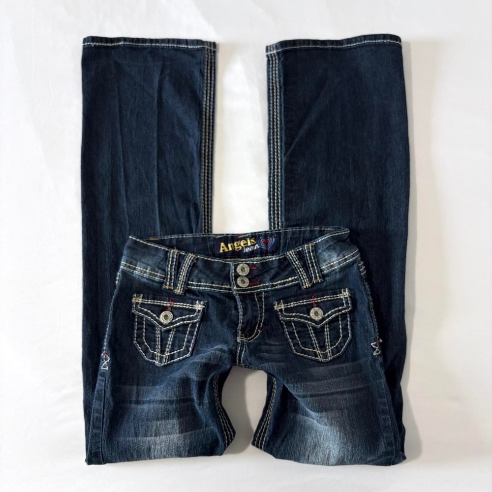 Angels Flare Bootcut Jeans Womens 7 Dark Wash Excellent Y2K Low Rise Flap Pocket